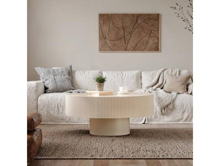 YYZIWYUN Runder Couchtisch Aus Holz (78 cm), Moderne Couchtische Mit Geriffelter Trommelform, Minimalistischer, Niedriger, Runder Couchtisch Für Wohnzimmer, Wohnung, Landhaus, Büro,30.9 Cream