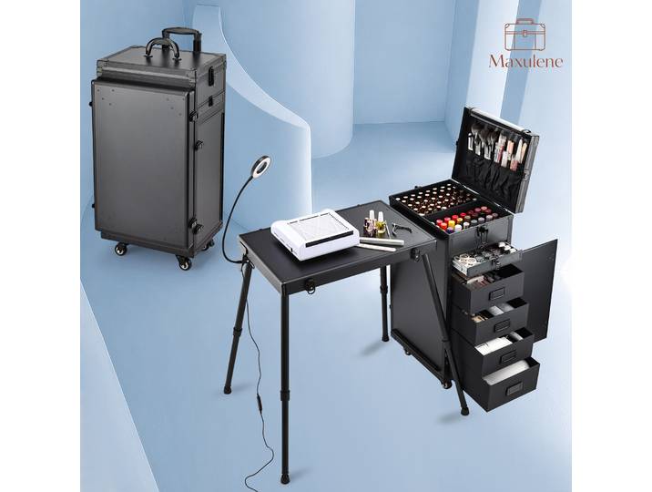 Trolley de Maquillage Professionnel à Roulettes avec 5 Grands Tiroirs, Table de Manucure Portable, Poste de Travail pour Technicien(ne) d'Ongles, Mallette de Cosmétologie sur Roues, Table Pliante pour