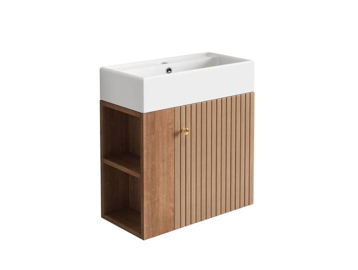 Meuble sous-vasque suspendu 55 cm bois avec vasque et niches