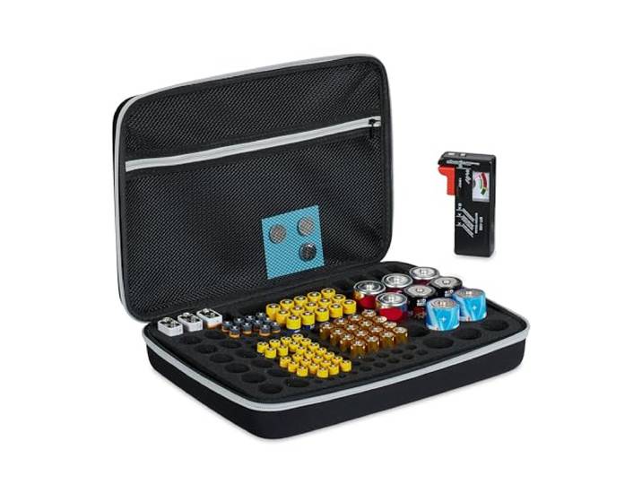 Relaxdays Organiseur à piles avec testeur\, pour AA\, AAA\, C\, D & 9V\, rangement pour 134 pièces\, noir
