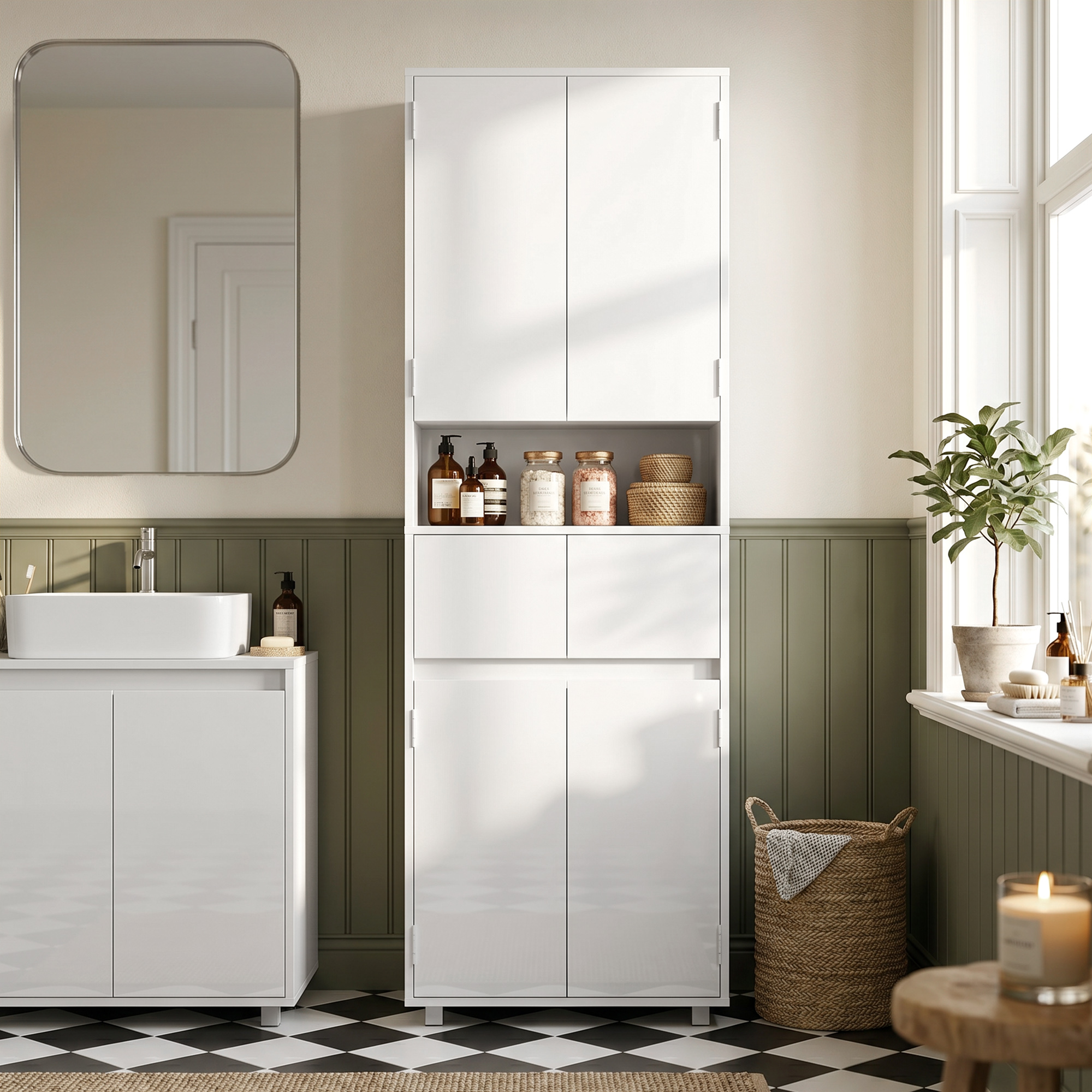 Homcom Mobile Alto da Bagno Slim Bianco Lucido con Cassetti e Ripiani   Aosom Italy