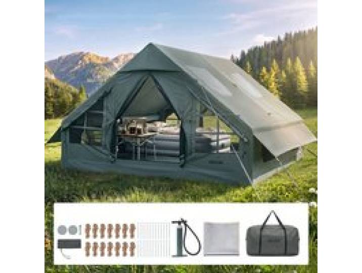VEVOR Opblaasbare Campingtent Familietent Luchttent 5-8 Personen Groen, voor Buitenactiviteiten Waterafstotend 420D Oxford-stof met Dakraam, Kachelpijpopening Gaasraam & Draagtas