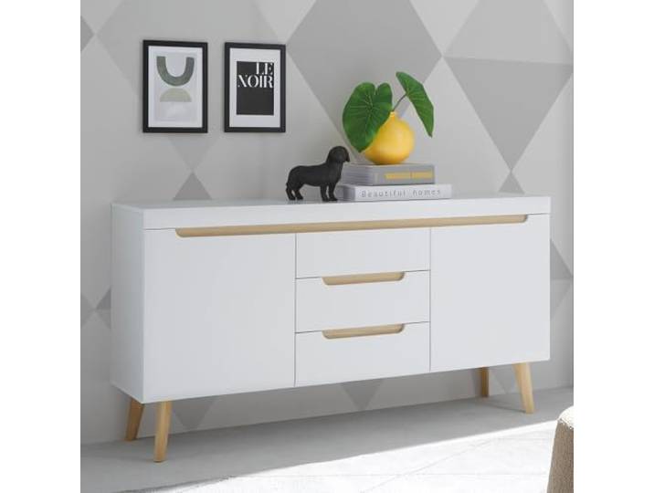 Esszimmer Wohnzimmer Sideboard, Anrichte, Kommode in Weiß Matt mit Eiche