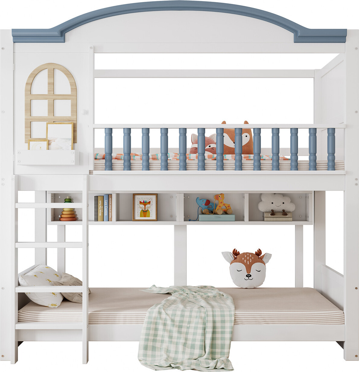 Etagenbett, Kinderbett mit Fallschutz und Gitter,Mit Dach und Fenster,Offenes Regal,Exquisiter Massivholzzaun,Mit vierstufiger Leiter,Kiefer+MDF