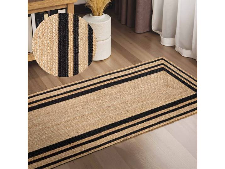 Teppich HANSE HOME Looma Juteteppich , beige (natur, gold, schwarz), B:80cm H:7mm L:250cm, Jute, Teppiche, Teppich, Handgewebt, Jute Naturteppich, Boho, Wohnzimmer, Schlafzimmer