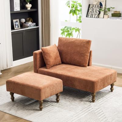 unbranded "71.3"" W Modern Chenille Chaise Lounge Chair with Ottoman , Rubberwood Legs"