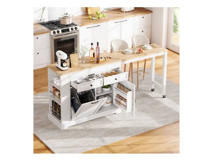 ANYSUN Kücheninsel ausziehbar, mit Rollen, Schubladen & Abfallbehälterfach, 112–180 cm Arbeitsfläche, freistehend, für Küche & Esszimmer