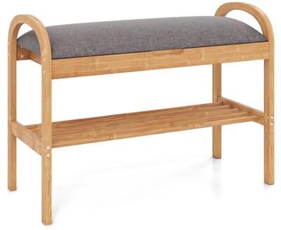 Costway 2-Tier Bamboo Shoe Bench with Storage and Padded Cushion-Gray