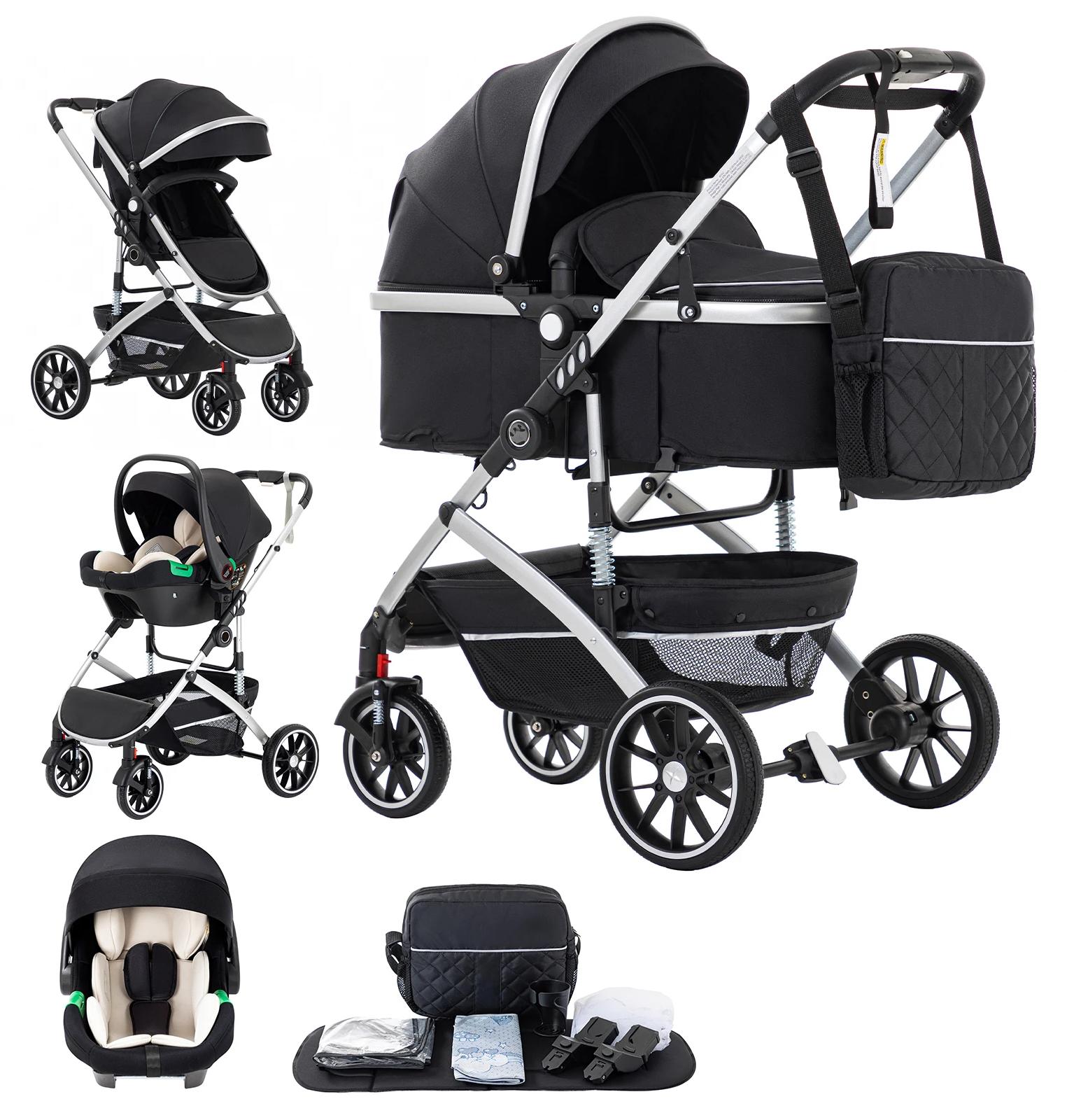 3 in 1 Kinderwagen Reisesystem - Kombikinderwagen Mit Autositz - Hohe Rückenlehne - Klappbar - Für geborene Und Babys - Traglast Über 20 kg - Schwarz