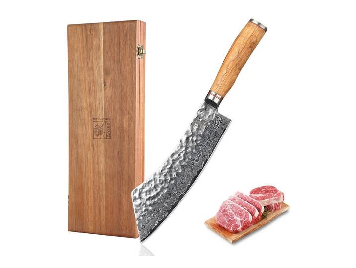 ZAYIKO Fleischmesser Minami Damast Hakata Bocho Küchenmesser 22,5cm Klinge Olivenholzgriff, Damaststahl, VG10-Kern, Hammerschlag
