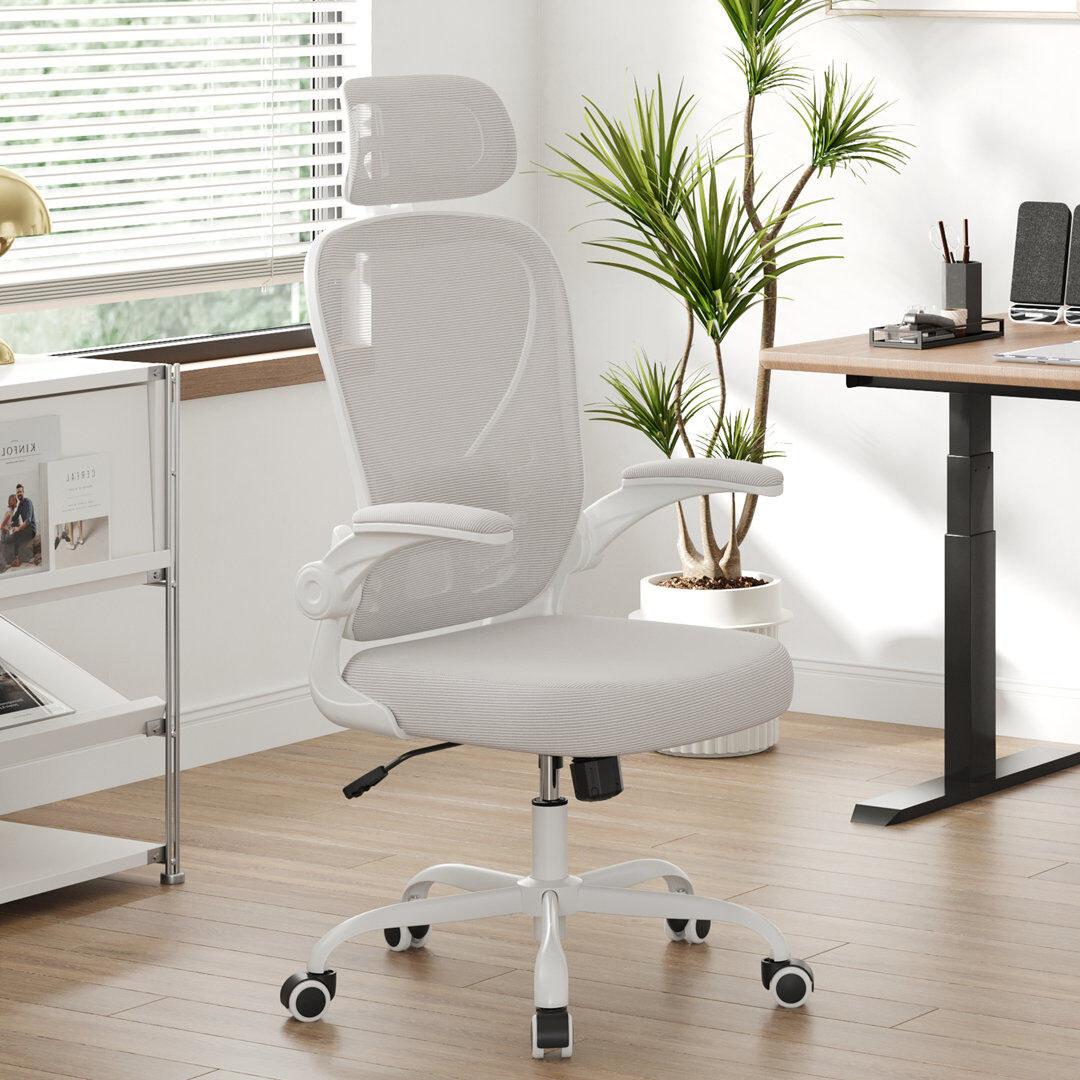 Inbox Zero Eleonor Mesh Office Chair with Headrest White/Grey 62cm W X 65cm D