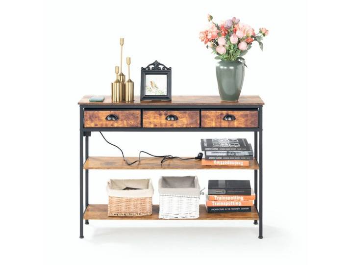 Table console - FURNITURER - Table d'appoint industrielle - 3 tiroirs - Station de recharge - Cadre métal