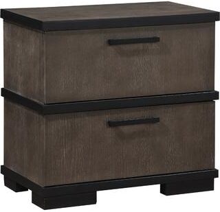 Benjara Acy Nightstand, 2 Drawers, Brownish Gray and Black Wood, Bar Handles