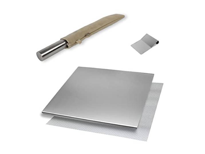 INOXLM BOX 3 STÜCK Schneidebrett Edelstahl + Teigschaber + Nudelholz edelstahl, Edelstahl Arbeitsplatte verschiedene Größen für Küche Bar Restaurant knetbrett Made in Italy (60x50 cm, Beige)