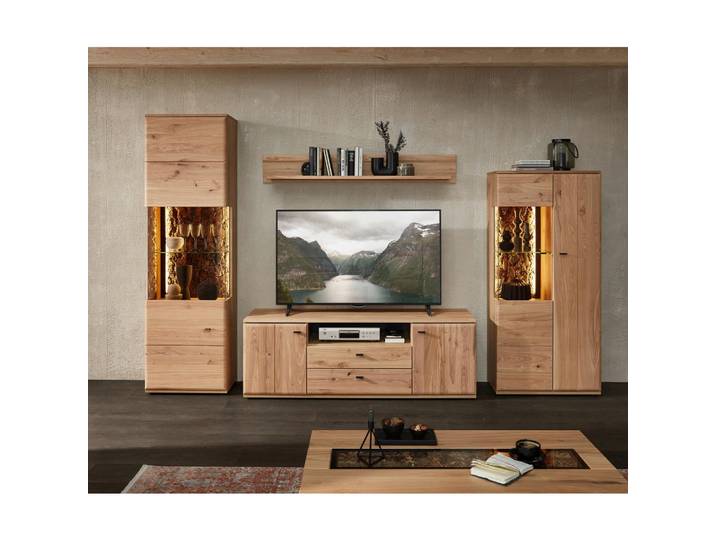 Cantus Wohnwand Calmera, Braun, Esche, Eiche Artisan, Holz, Glas, 4-teilig, Esche, Kork, massiv, 15 Fächer, 2 Schublade(n) Schubladen, 331x205x50 cm, Typenauswahl, Beimöbel erhältlich, Wohnzimmer, Wohnwände, Anbauwände