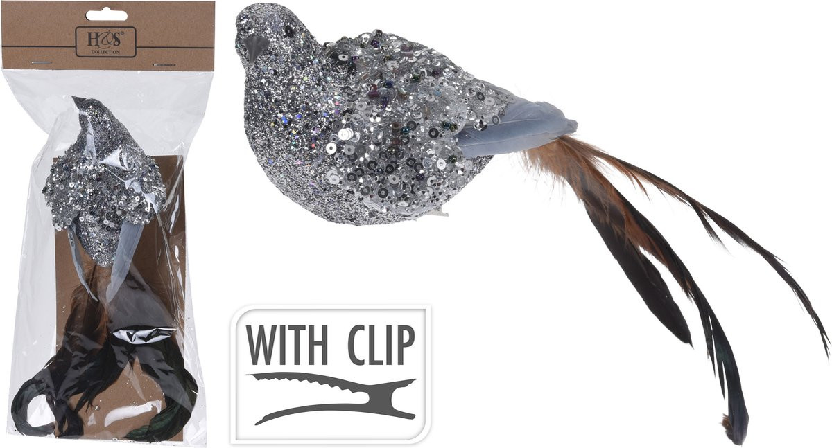 Set van 4 zilveren decoratie vogeltjes voor kerstboomversiering, 25 cm