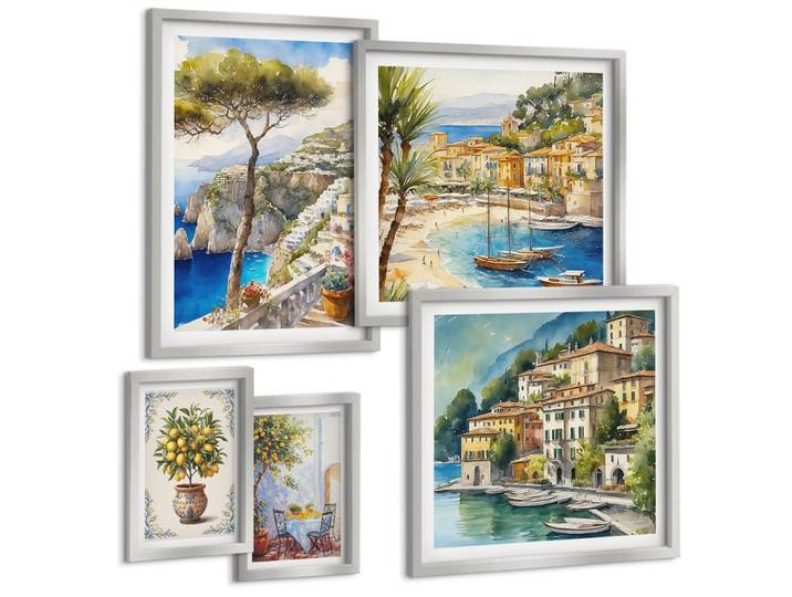 BILDER SET 5er Set - 50x50 cm & 20x30 cm & 40x60 cm Silberner Rahmen - Monochromatische Brückentürme