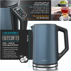 Arendo Frühstücks Set Edelstahl Wasserkocher 1,5l Temperaturwahl & 4-Scheiben Langschlitz Toaster Blau Matt, Wasserkocher, Blau
