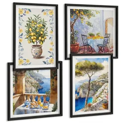 BILDER SET 4er Set - 50x50 cm & 40x60 cm Schwarzer Rahmen - Gemälde von Zitronenbäumen