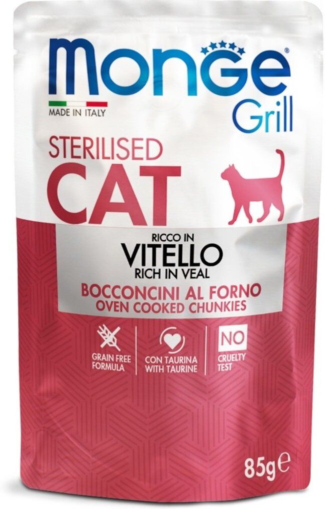Monge Grill Sterilised Cat Bocconcini in Jelly con Vitello 85 g Alimento Umido per Gatti Sterilizzati