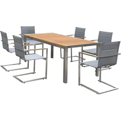 OUTFLEXX Garten-Essgruppe, silber, Edelstahl/Teak, Tisch 180x90cm, 6 Sessel gepolstert