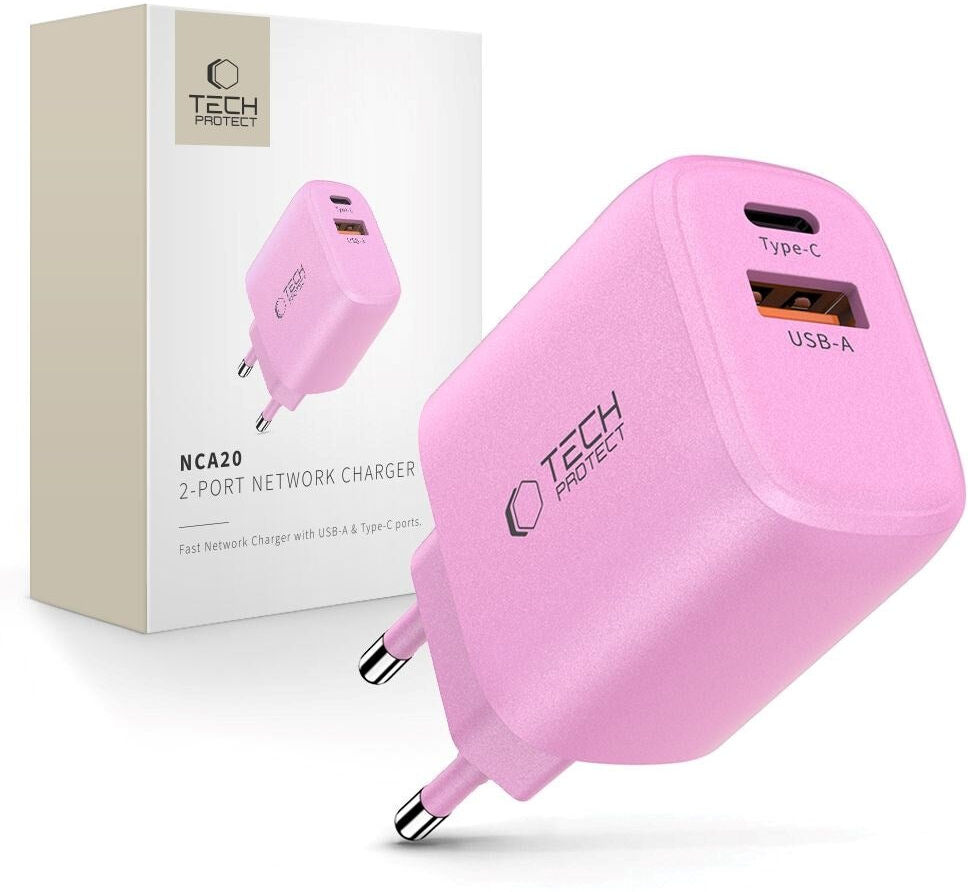 Tech-Protect Vægoplader m. 20W - 1 x USB-A (QC) & 1 x USB-C (PD) - Lyserød