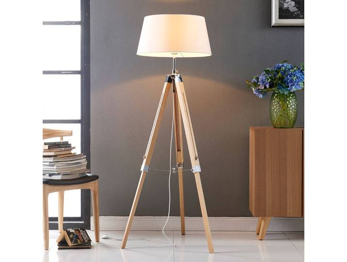 Stehlampe Katie Lindby, weiß / opal, für Wohn- / Esszimmer, Holz, Skandinavisch, Tripod Stehleuchte