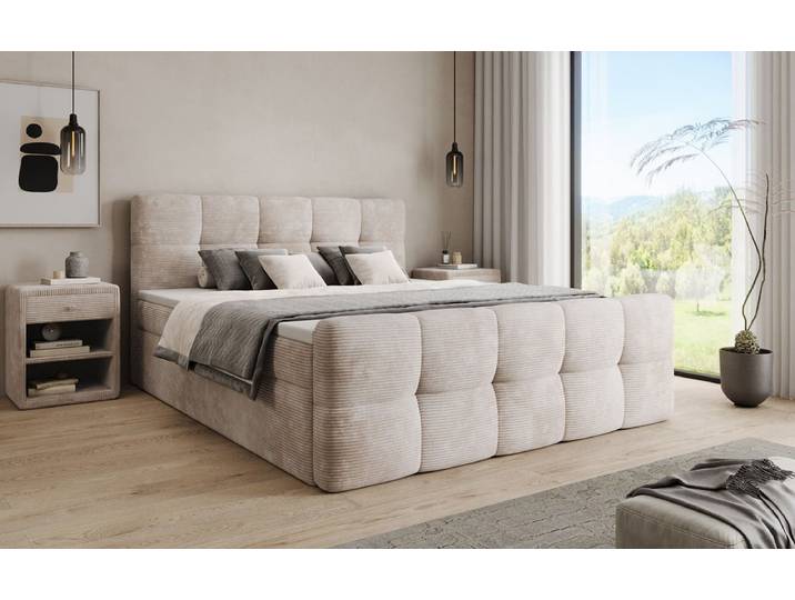 Boxspringbett Cozy in Cord mit Stauraum - 140x200 - Terrakotta - inklusive PU Schaum - Topper - Luxusbetten24