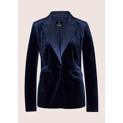 Longblazer MADELEINE "Samtjacke Samtblazer mit Reverskragen", Damen, Gr. 40, blau (nachtblau), Obermaterial: 90% Polyester Green Circle PES GreenC. 10% Elasthan EL., Modern, normal, Blazer Longblazer, Samtblazer mit Satin-Reverskragen