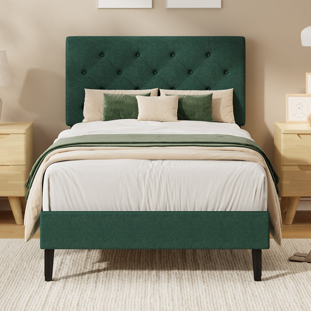 Rebrilliant Bed Frames with Button Tufted Headboard, Linen Upholstered Bed with Wooden Slats Support Green 90x190