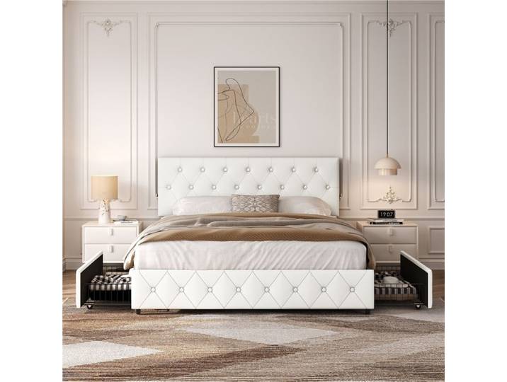 Cadre Lit 160x200 cm Tête Capitonnée Réglable Tiroirs Sommier Lattes Bois/Métal Design Double Blanc YAHEETECH
