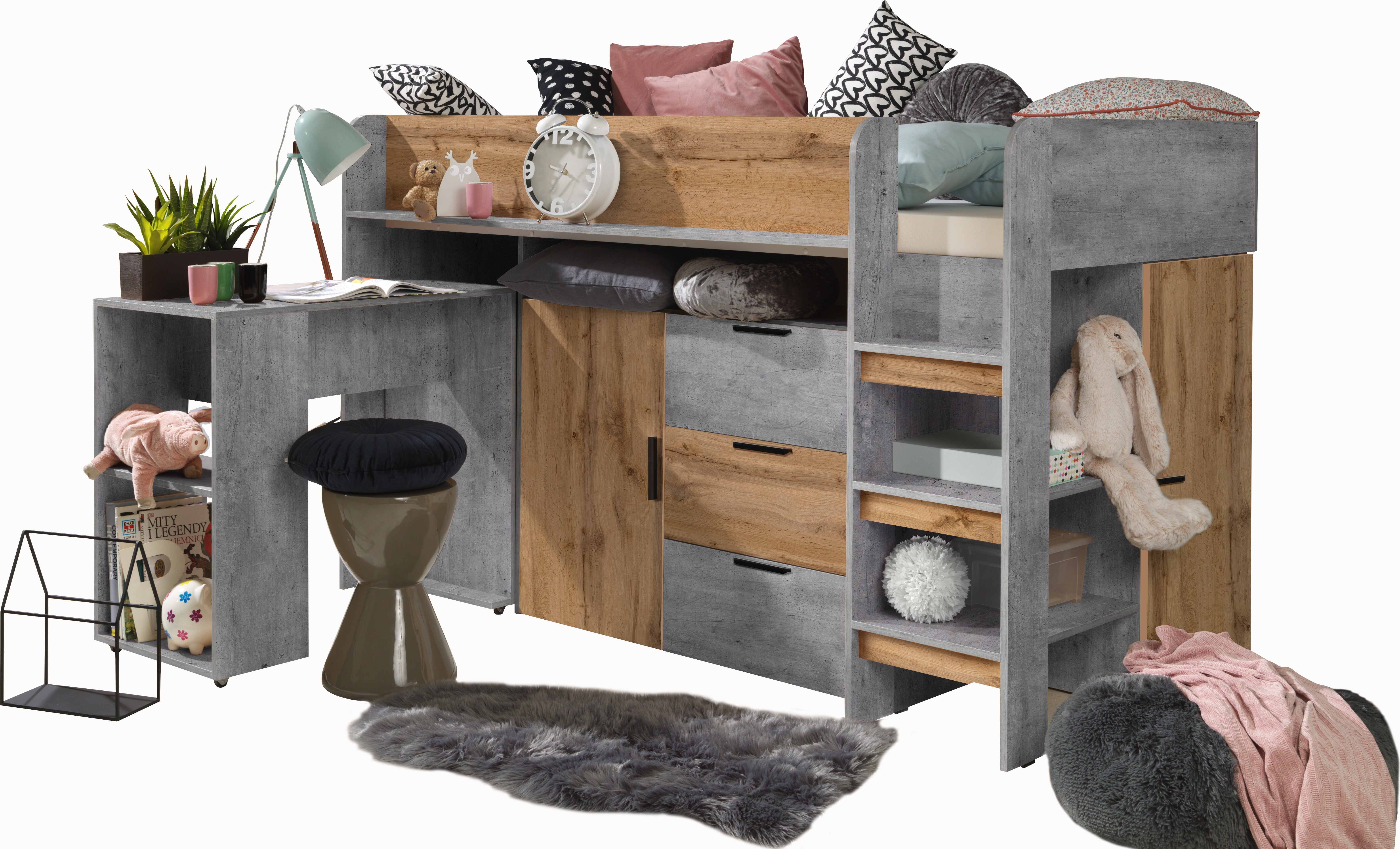 Etagenbett für Kinder KONKRET 1 Stockbett mit Treppe, Kleiderschrank und Schreibtisch (Beton + Wotan Eiche)