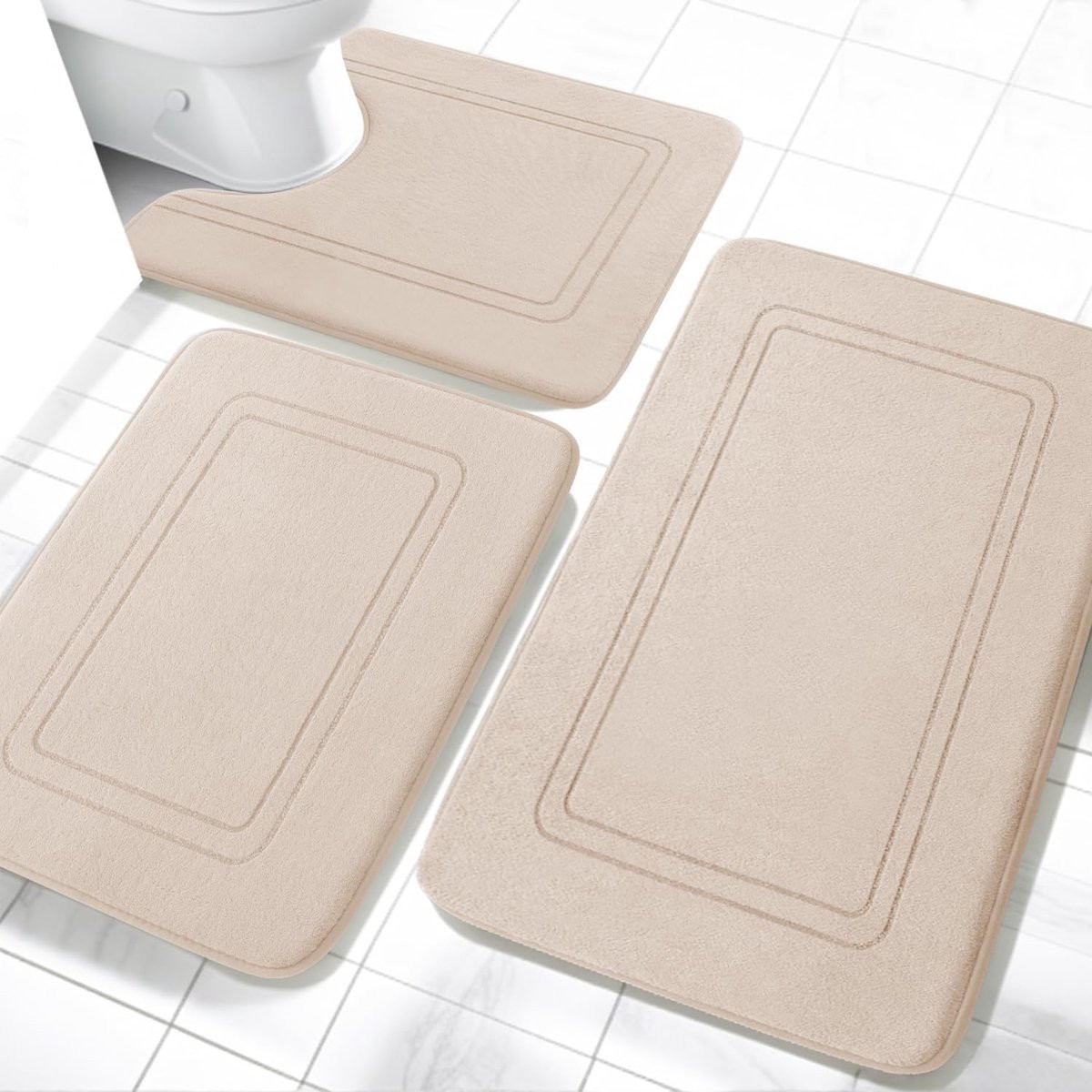 SnelShoppen Luxe 3-delige Badmat Set van Zacht Geheugen Foam, Antislip en Wasbaar, Beige
