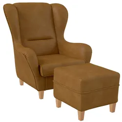 Supellex Sofia Ohrensessel mit Hocker   Design Milano Kunstleder Ockerbraun