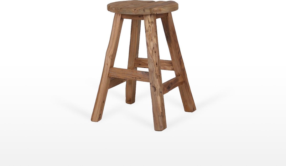 Tall Men Standing Vintage Teakhouten Kruk Rond met 4 Poten - Ø30 x H50 cm