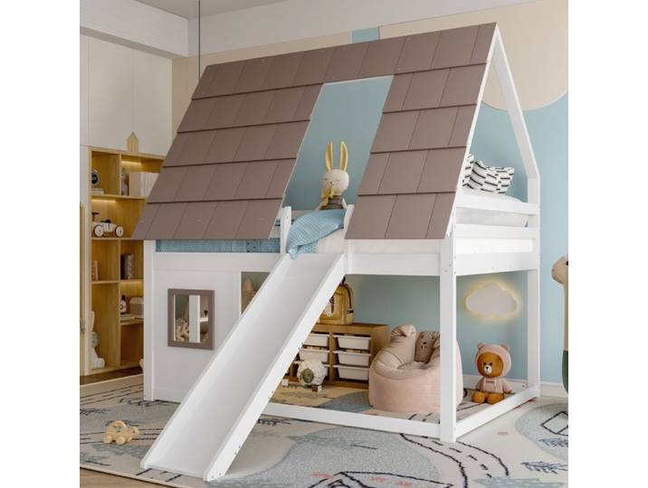 Lit superposé en forme de maison 140x200 avec échelle et toboggan blanc et marron Maisentiel