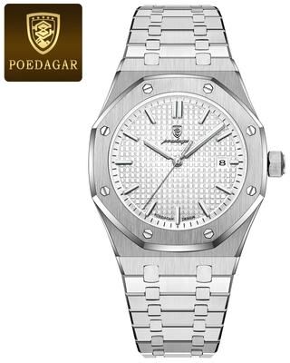 Fashion Sheath POEDAGAR Luxury Stainless Steel Quartz Watch For Men silver White