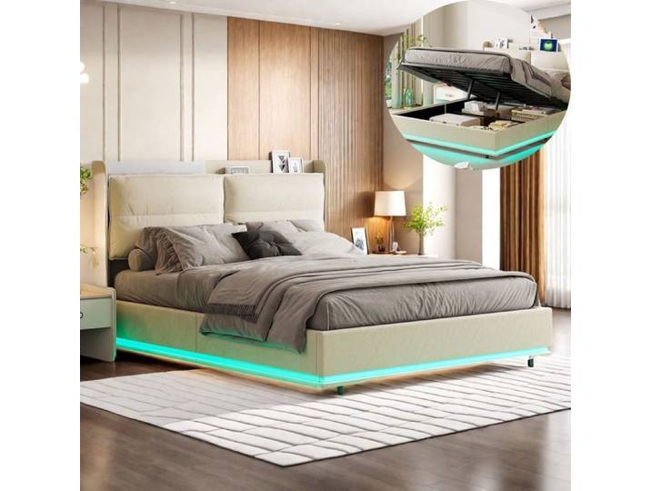 Lit 160x200cm - LED - tissu en velours - cadre de lit double 140x200- beige
