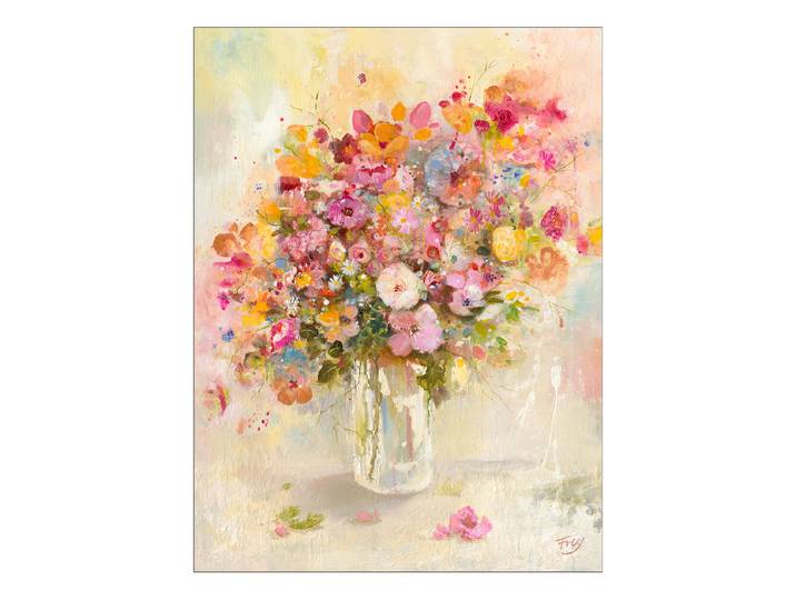 Tableau Bouquet rétro Cadre : panneau de fibres de bois MDF Revêtement : toile Rose foncé/Jaune/Beige 57 x 77 x 2cm