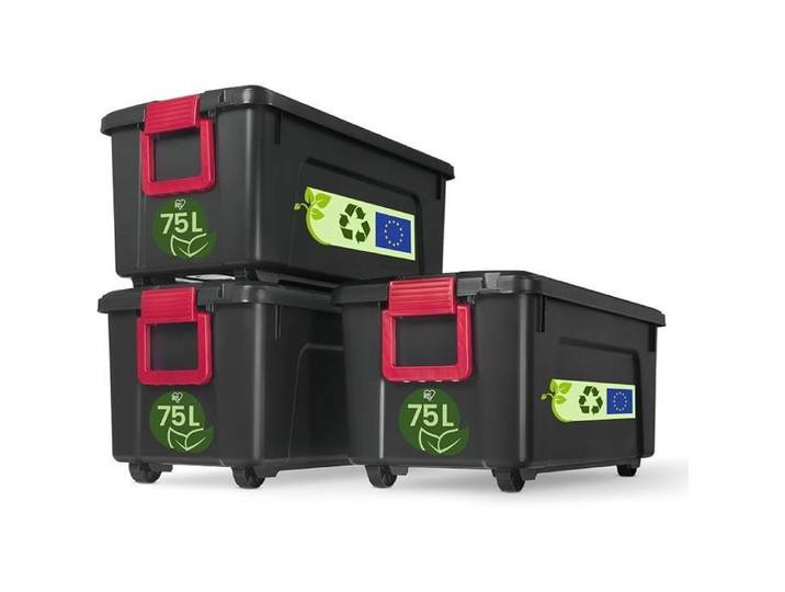 Lot de 3 75L Malle Boîtes de rangement plastiques avec couvercle et Cips de fermeture Empilables Sans BPA Cabanon Garage Noir