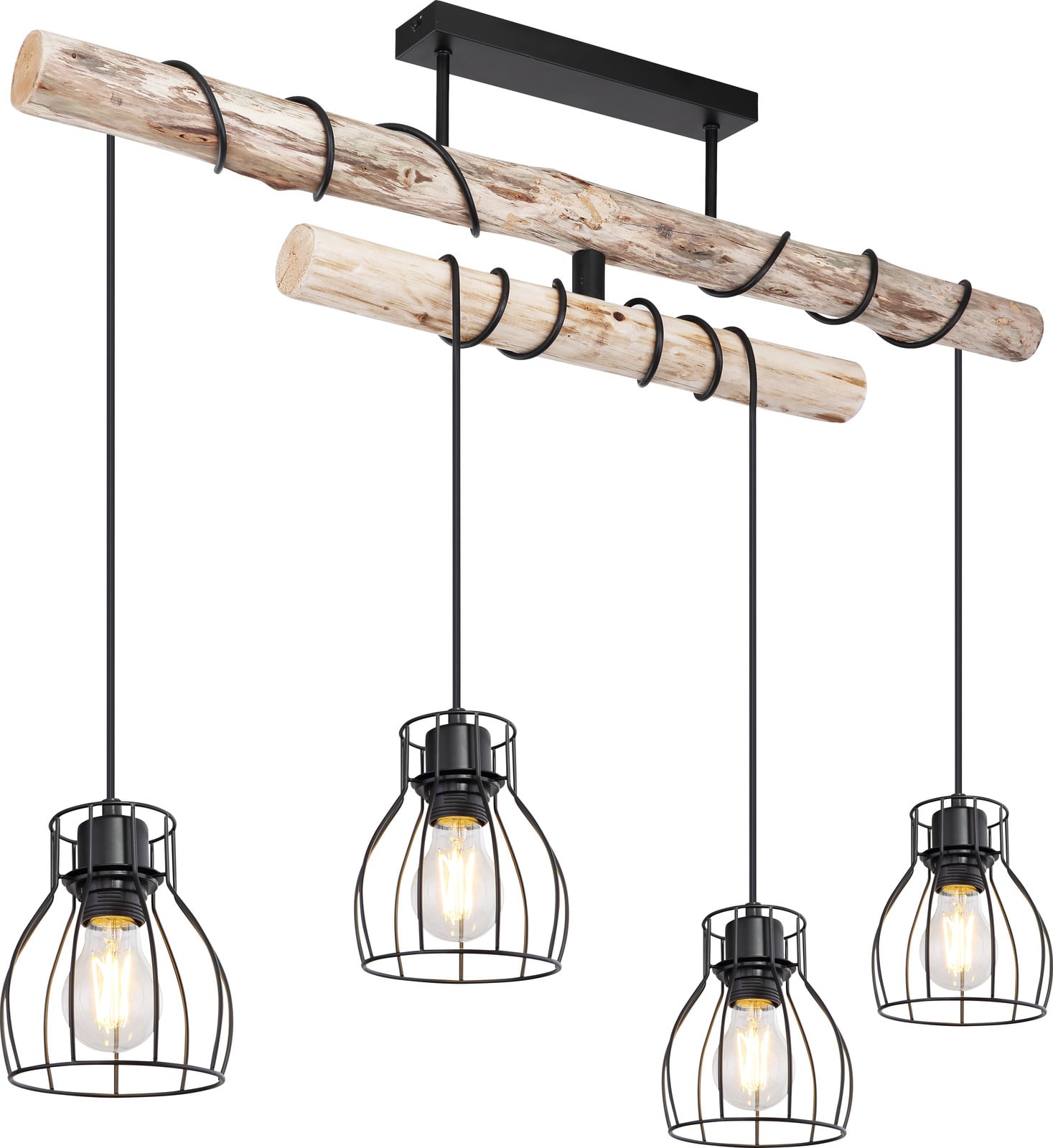 Globo Lighting Hanglamp Mina zwart met hout 4-lichts