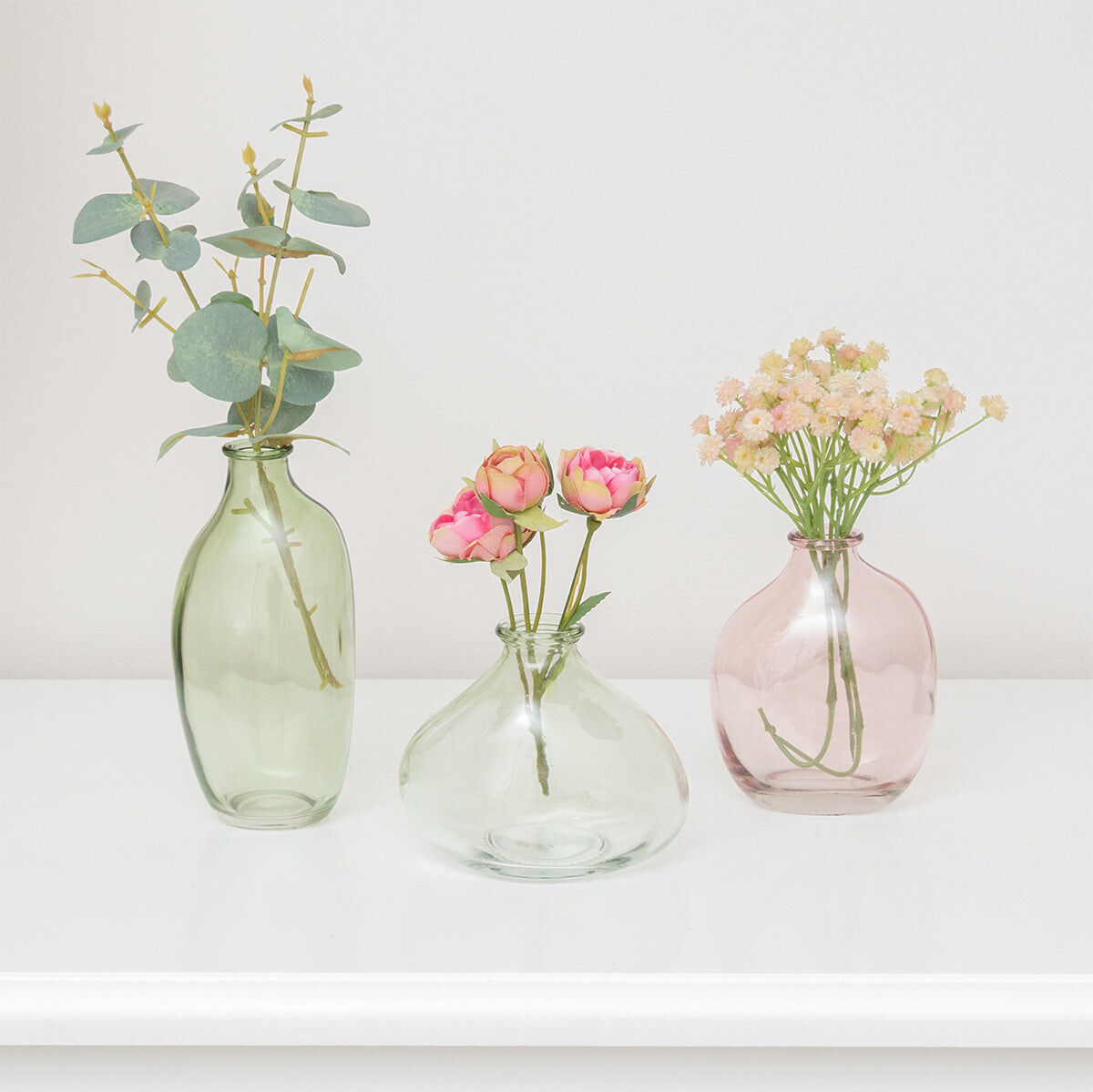 Set Of 3 Green & Pink Glass Vases Glass