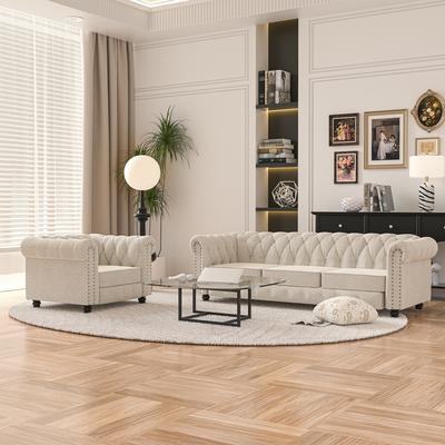 Morden Fort Button Tufted Upholstered Chesterfield Sofa Set Chair and Sofa, 2 Pcs for Living Room, Linen