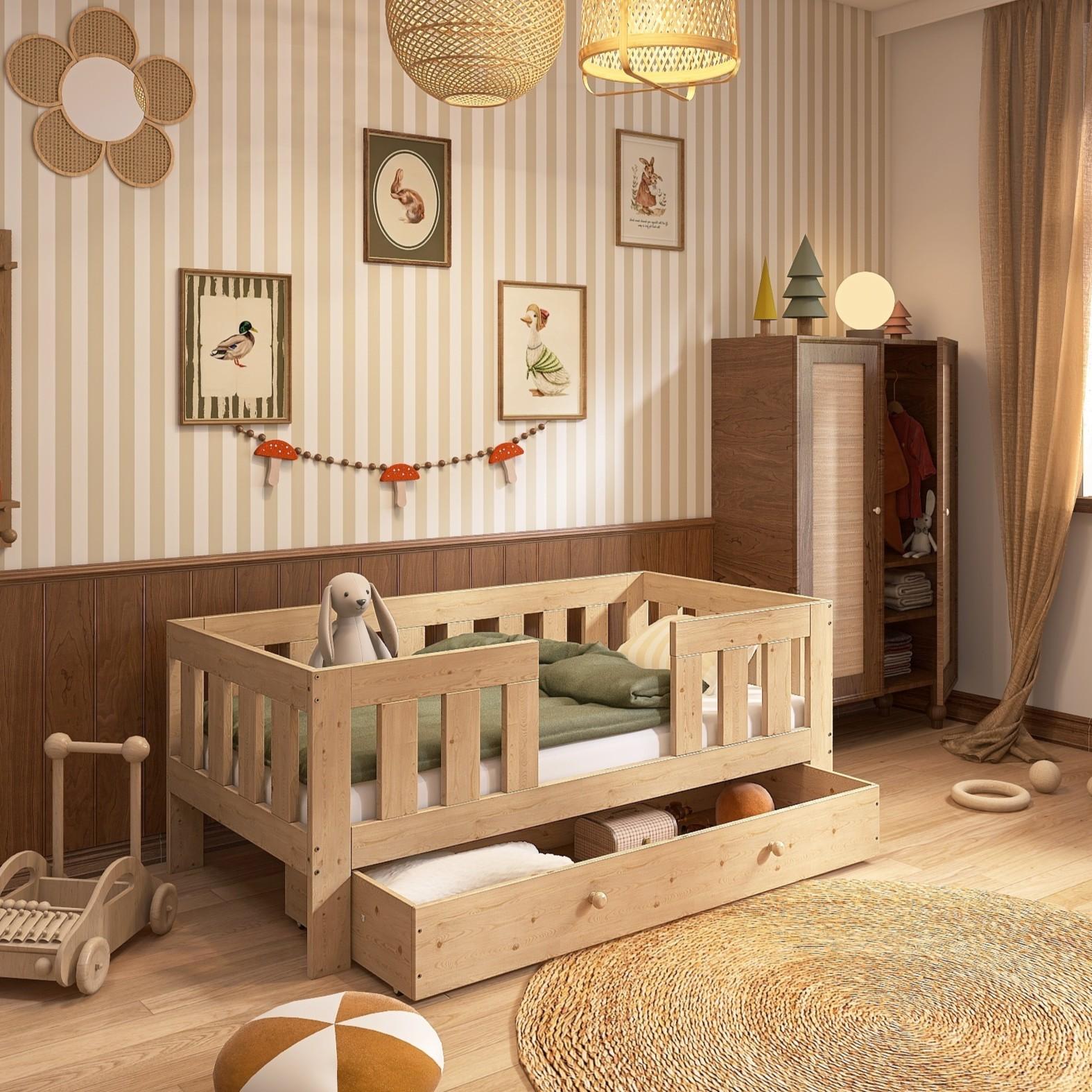 Kinderbett mit hochem Rausfallschutz und Schublade, 90x180 cm