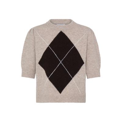 Kurzarmpullover B.YOUNG "Damen Halblange Ärmel BYOSMILLA", Damen, Gr. L, beige (humus meliert argyle), Obermaterial: 74% Polyester PES. 10% Polyacryl PAN. 8% Polyamid PA. 5% Wolle mw. 3% Elasthan EL., Pullover