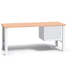 Werkbank mit Holzarbeitsplatte G3, festes Gestell, 1700 mm, 1x Schrank, grau