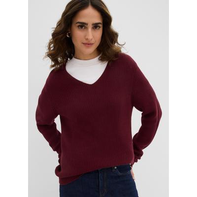 Strickpullover BONPRIX, Damen, Gr. 36/38 (S), rot (dunkelbeere), Obermaterial: 100% Baumwolle, bequem, Pullover Strickpullover, mit V-Ausschnitt, aus Baumwolle, bequeme Passform, casual
