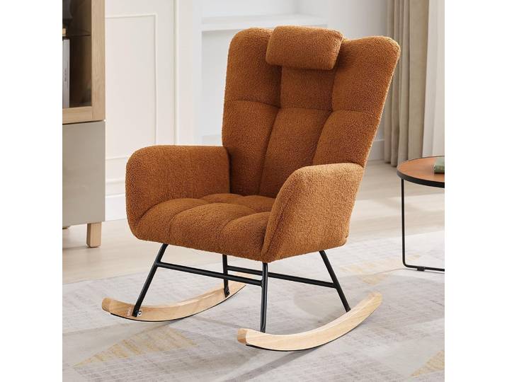Fauteuil à bascule rembourré à dossier haut – Fauteuil à bascule moderne avec appui-tête, poche latérale et siège rembourré pour salon