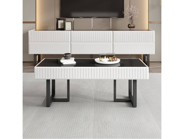 MEULVA Ensemble table basse et meuble TV noir et blanc design moderne à rayures verticales plateau brillant