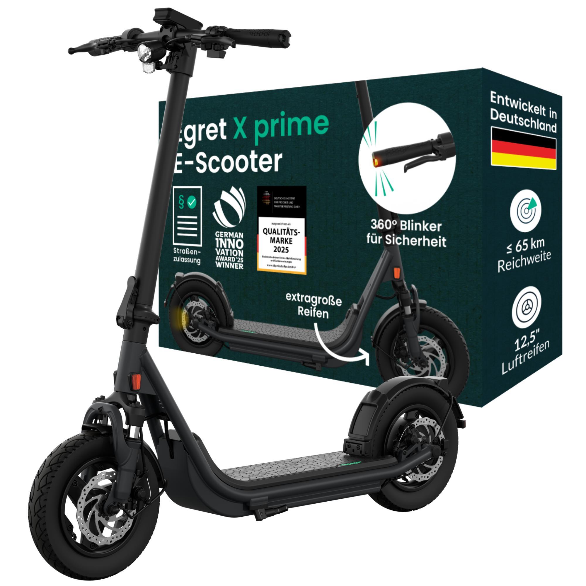 EGRET E-Scooter mit Straßenzulassung (ABE), 65 km Reichweite, 12,5" Offroad Luftreifen, Federung, Scheibenbremse, Dualblinker, App - X prime